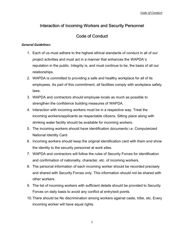 Code of Conduct for Incoming Workers and Security Personnel