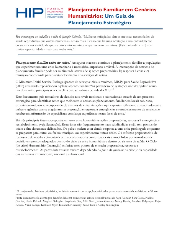 Planejamento Familiar em Cenários Humanitários: Um Guia de Planejamento Estratégico