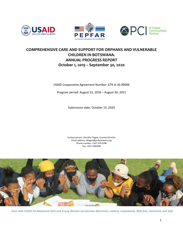 Comprehensive Care and Support for Orphans and Vulnerable Children in Botswana. Annual Progress Report October 1, 2019 – September 30, 2020