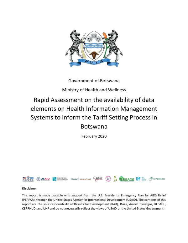 Rapid Assessment on the availability of data elements on Health Information Management Systems to inform the Tariff Setting Process in Botswana