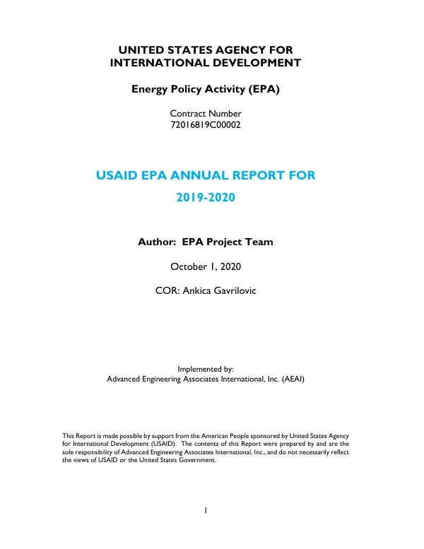 USAID Energy Policy Activity Annual Report 2019 - 2020