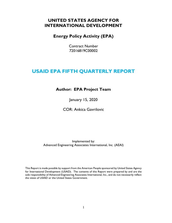 USAID Energy Policy Activity Fifth Quarterly Progress Report