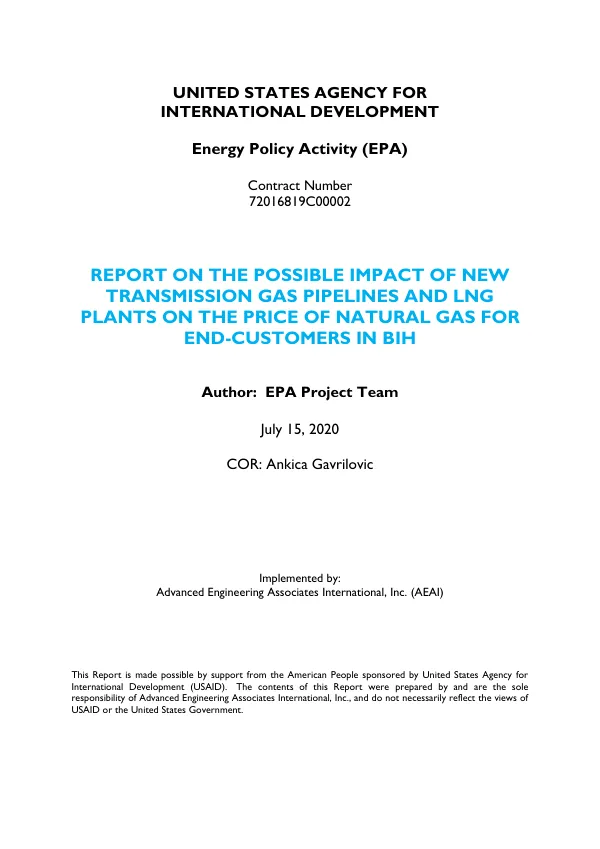 Report on the Possible Impact of New Transmission Gas Pipelines and LNG Plants on the Price of Natural Gas for End-Customers in BiH