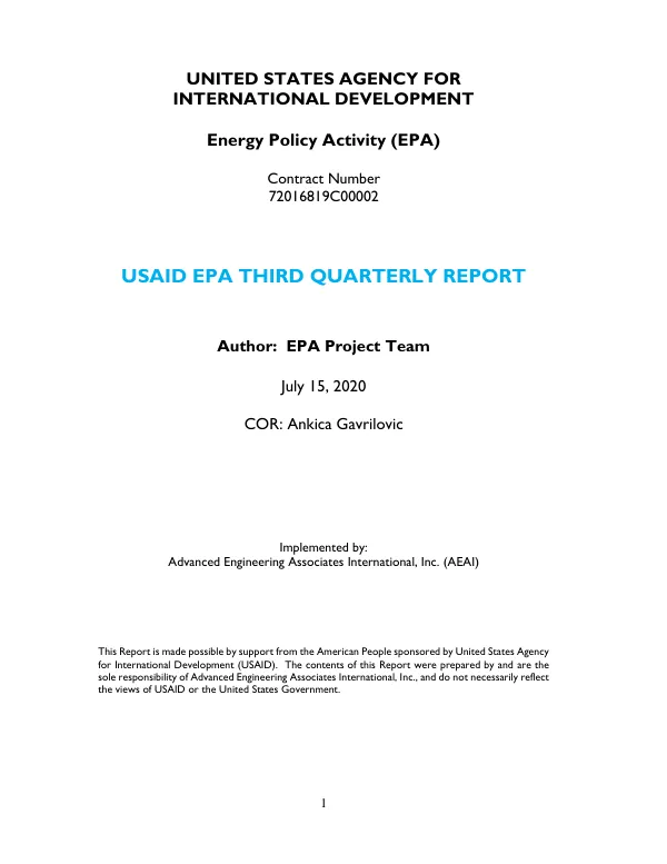 USAID Energy Policy Activity Third Quarterly Progress Report