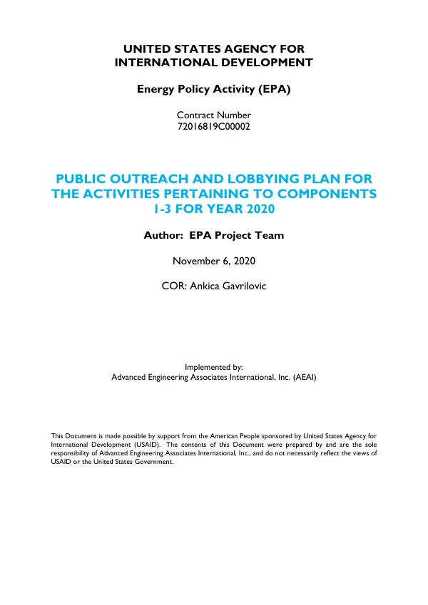 Public Outreach and Lobbying Plan for the Activities Pertaining to Components 1-3 for Year 2020