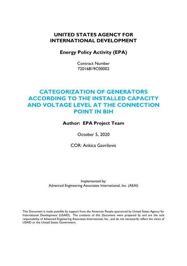 USAID Energy Policy Activity Categorization of Generators in the BiH Power System