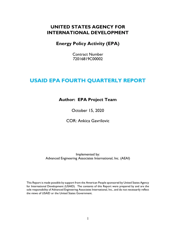 USAID Energy Policy Activity Fourth Quarterly Progress Report