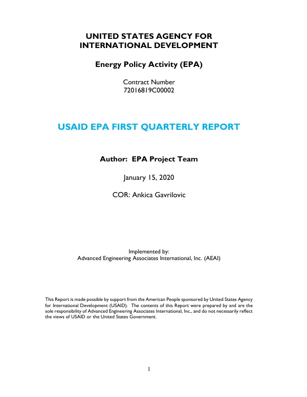 USAID Energy Policy Activity First Quarterly Progress Report