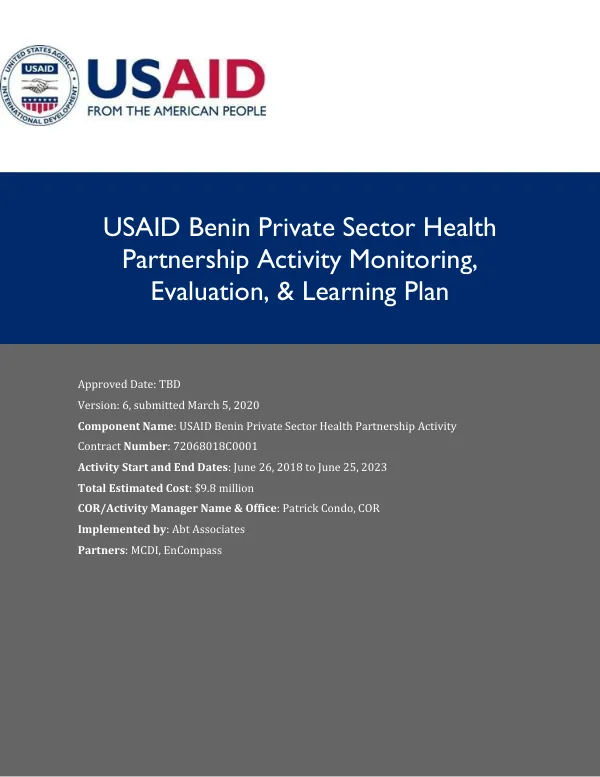 USAID Benin Private Sector Health Partnership Activity Monitoring, Evaluation, & Learning Plan