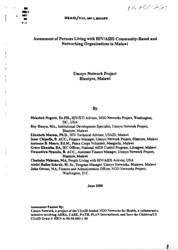 Assessment of persons living with HIV/AIDS community-based and networking organizations in Malawi : Umoyo network project, Blantyre, Malawi