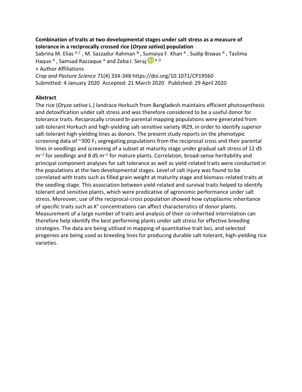 Combination of traits at two developmental stages under salt stress as a measure of tolerance in a reciprocally crossed rice (Oryza sativa) population