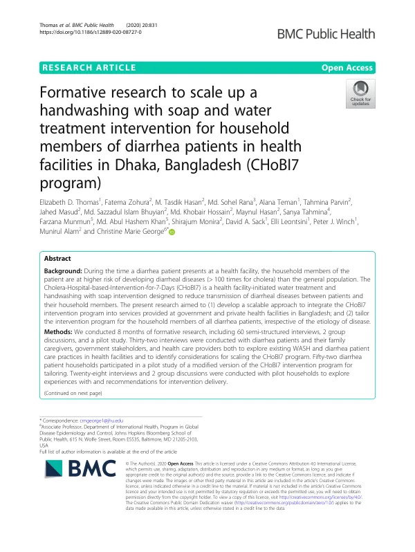 Formative research to scale up a handwashing with soap and water treatment intervention for household members of diarrhea patients in health facilities in Dhaka, Bangladesh (CHoBI7 program)
