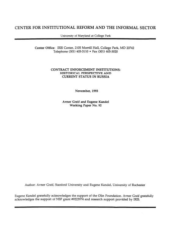Contract enforcement institutions : historical perspective and current status in Russia