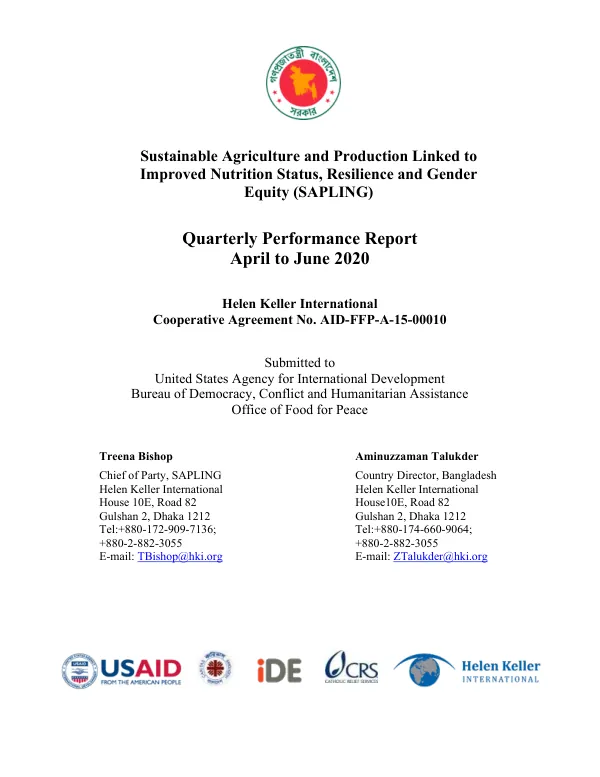Sustainable Agriculture and Production Linked to Improved Nutrition Status, Resilience and Gender Equity (SAPLING) Quarterly Performance Report April to June 2020