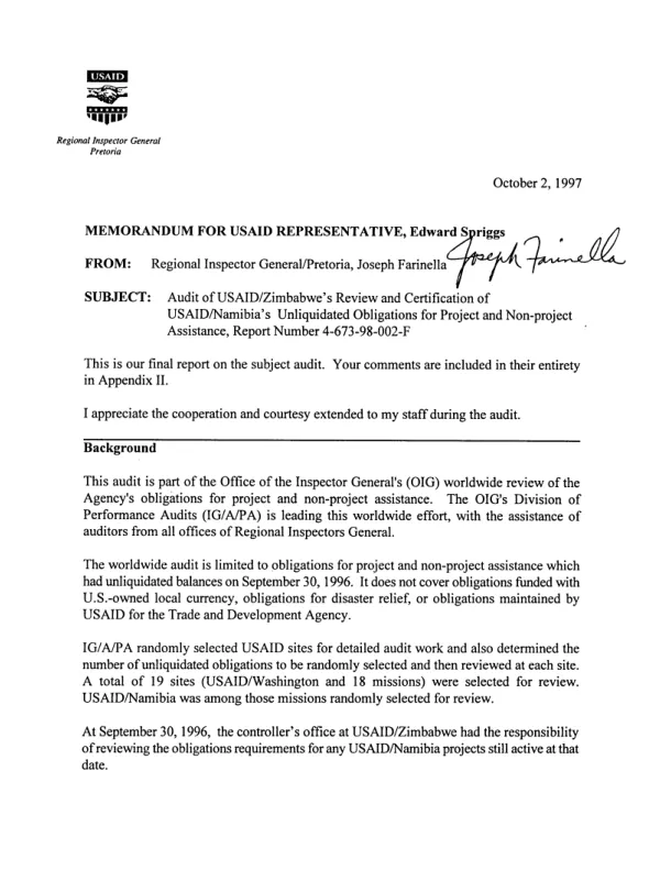 Audit of USAID/Zimbabwe's review and certification of USAID/Namibia's unliquidated obligations for project and non-project assistance