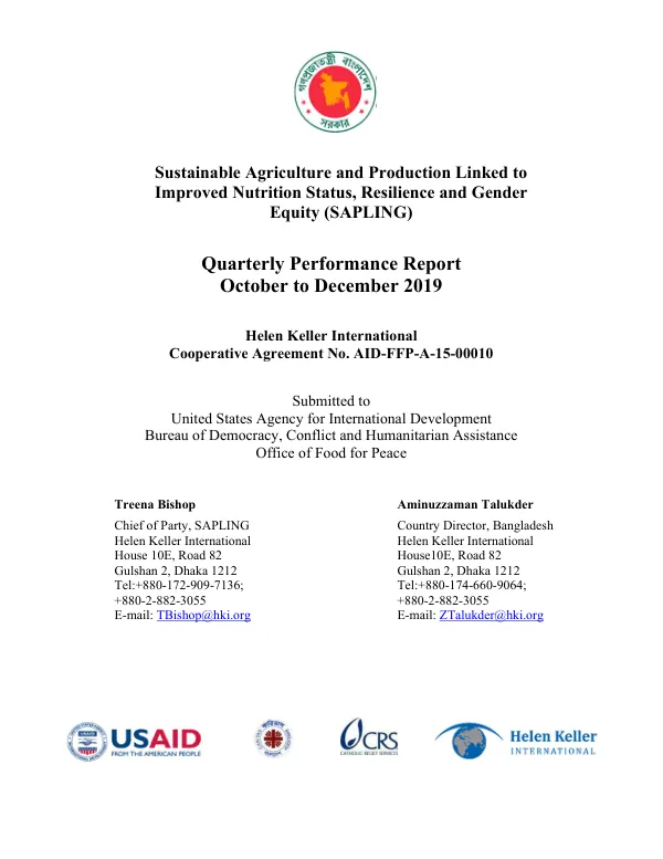 Quarterly Performance Report: Sustainable Agriculture and Production Linked to Improved Nutrition Status, Resilience and Gender Equity (SAPLING) October to December 2019