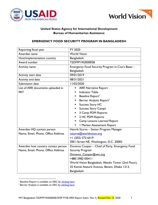 Emergency Food Security Program in Bangladesh FY20 ARR Report