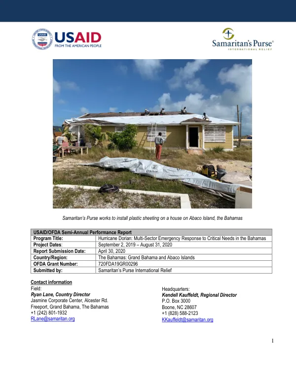 USAID/OFDA Semi-Annual Performance Report: Hurricane Dorian: Multi-Sector Emergency Response to Critical Needs in the Bahamas