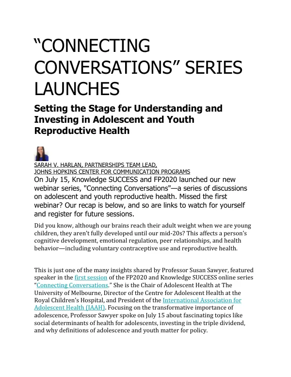 Connecting Conversations Series Launches: Setting the Stage for Understanding and Investing in Adolescent and Youth Reproductive Health