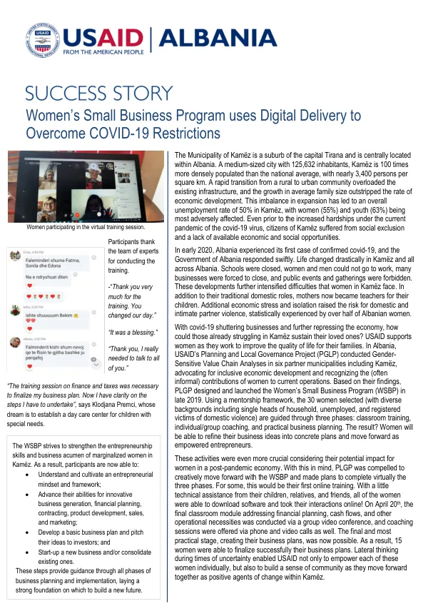 Albania PLGP: Women’s Small Business Program uses Digital Delivery to Overcome COVID-19 Restrictions