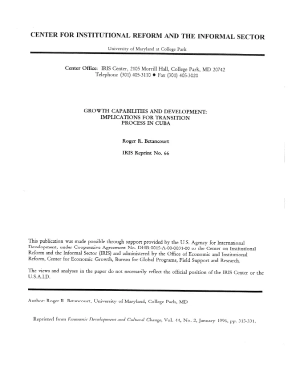 Growth capabilities and development : implications for transition processes in Cuba