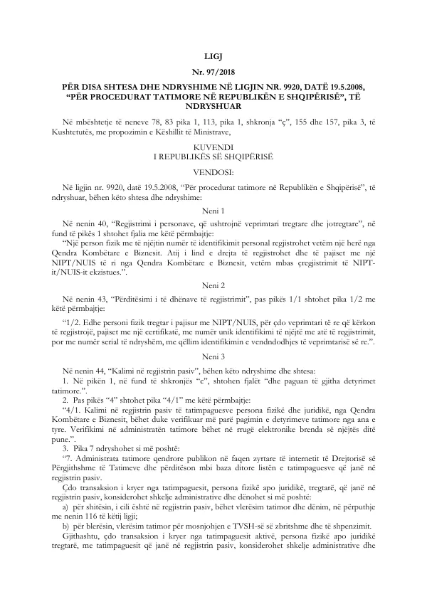 Recommendations for Amendments to the Law 'On Tax Procedures in the Republic of Albania'