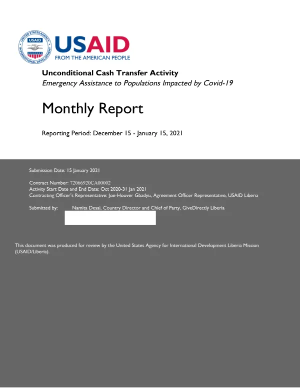 Unconditional Cash Transfer Activity Emergency Assistance to Populations Impacted by Covid-19 Monthly Report
