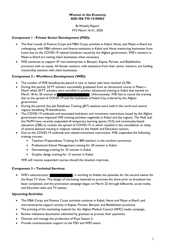 Women in the Economy Bi-Weekly Report FY5 March 16-31, 2020