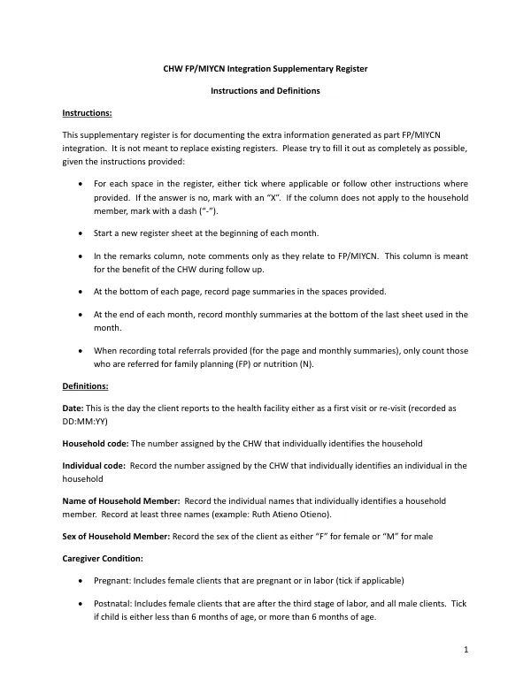 CHW FP/MIYCN Integration Supplementary Register Instructions and Definitions