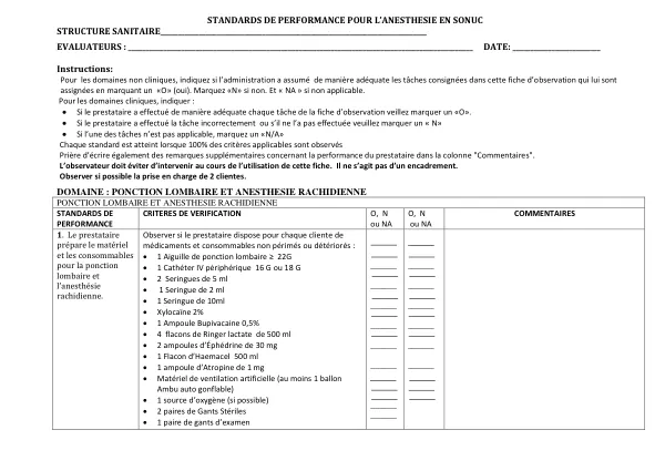 STANDARDS DE PERFORMANCE POUR L’ANESTHESIE EN SONUC