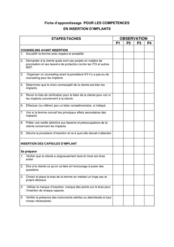 Fiche d’apprentissage pour les compétences en insertion et retrait d’implants