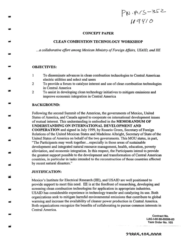Concept paper : clean combustion technology workshop