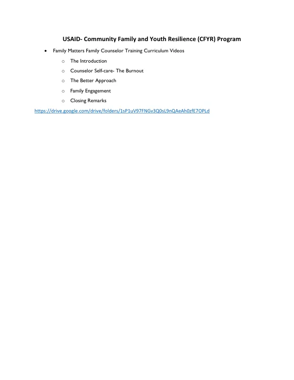 USAID- Community Family and Youth Resilience (CFYR) Program