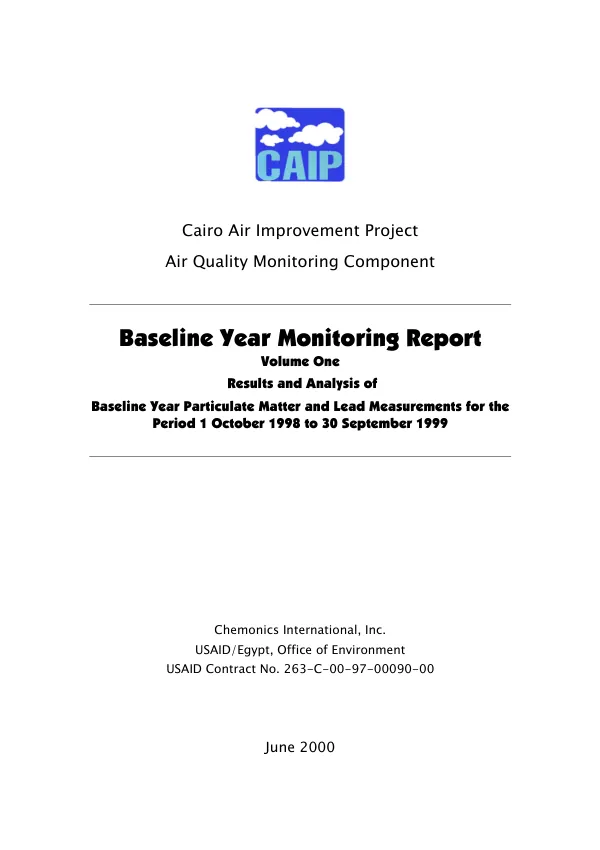 Baseline year monitoring report : volume one -- results and analysis of baseline year particulate matter and lead measurements for the period 1 October 1998 to 30 September 1999