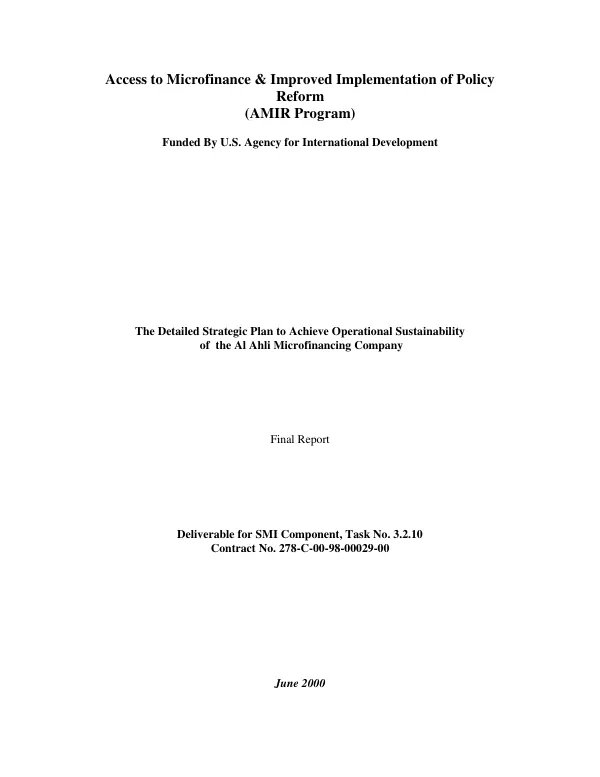 Detailed strategic plan to achieve operational sustainability of the Al Ahli Microfinancing Company : final report