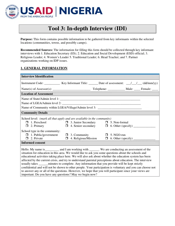 Tool 3: In-depth Interview (IDI) for Education Assessment