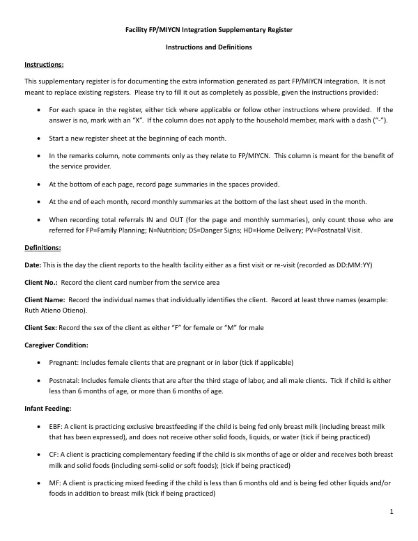 Facility FP/MIYCN Integration Supplementary Register Instructions and Definitions