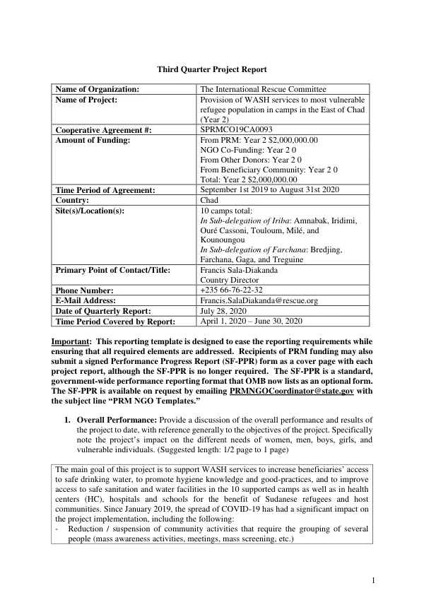 Third Quarter Project Report: Provision of WASH services to most vulnerable refugee population in camps in the East of Chad (Year 2)
