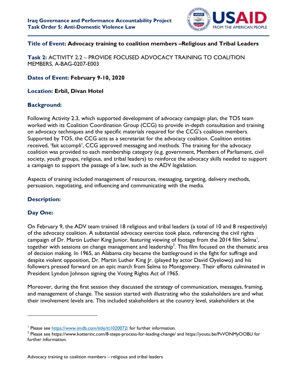 Iraq Governance and Performance Accountability Project Task Order 5: Anti-Domestic Violence Law Advocacy Training to Coalition Members – Religious and Tribal Leaders