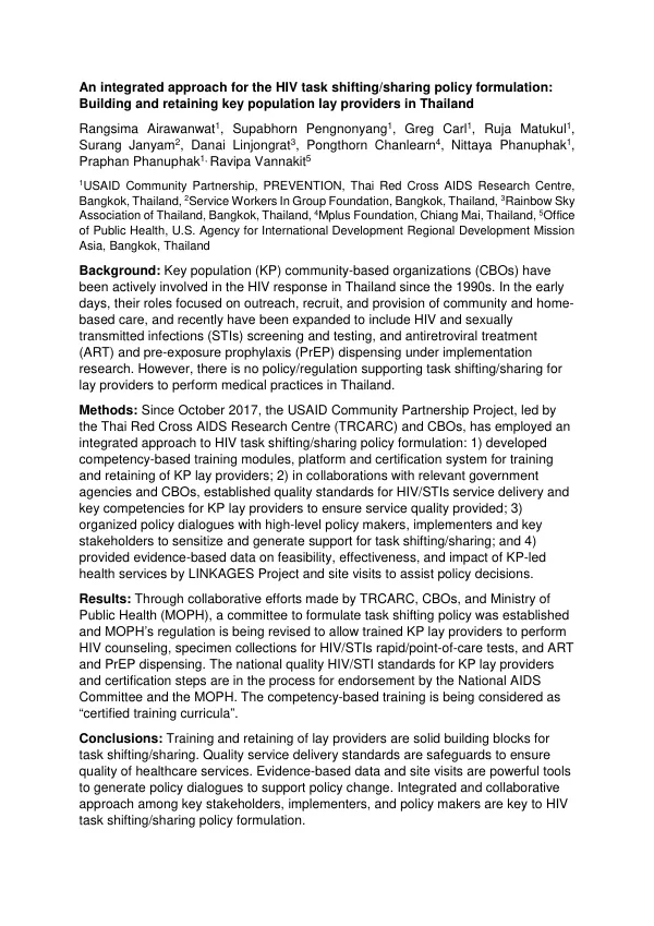 An integrated approach for the HIV task shifting/sharing policy formulation: Building and retaining key population lay providers in Thailand