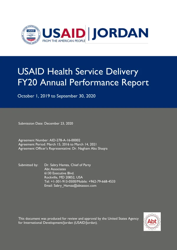 USAID Health Service Delivery FY20 Annual Performance Report