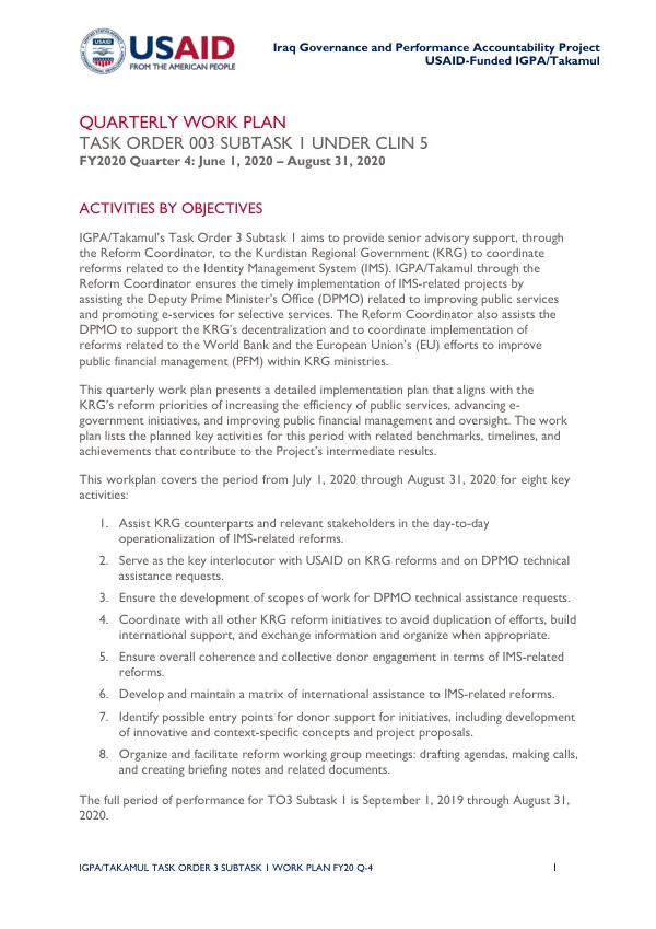 Iraq Governance and Performance Accountability Project Quarterly Work Plan FY20 Q-4