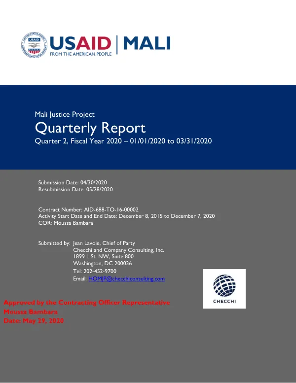 Mali Justice Project Quarterly Report Quarter 2, Fiscal Year 2020 – 01/01/2020 to 03/31/2020