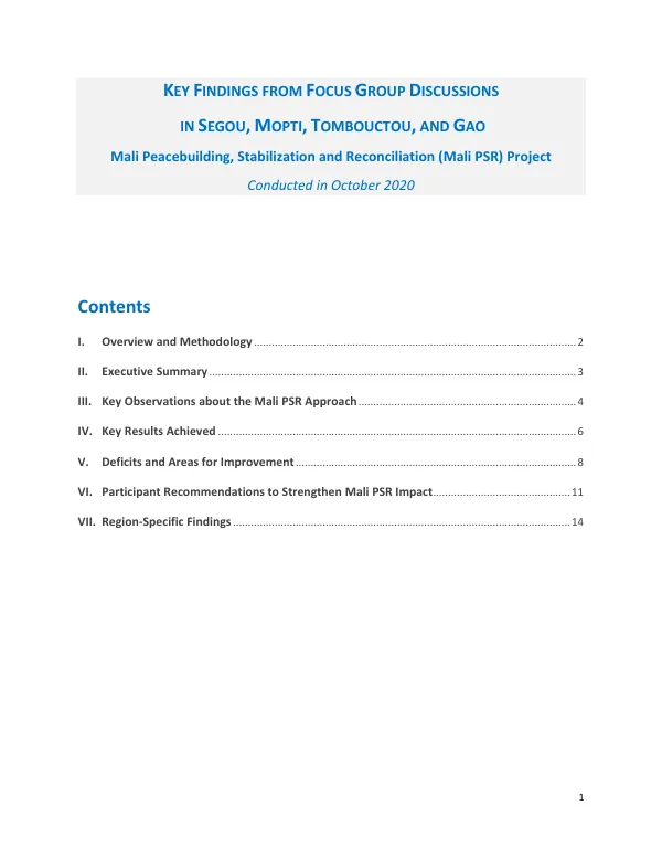 Mali Peacebuilding, Stabilization and Reconciliation (Mali PSR) Project Final Report
