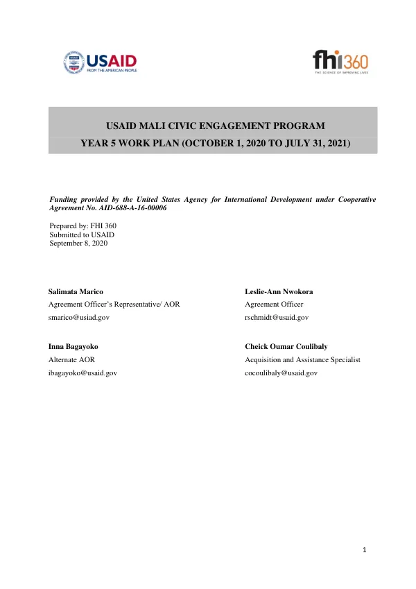 USAID MALI CIVIC ENGAGEMENT PROGRAM YEAR 5 WORK PLAN