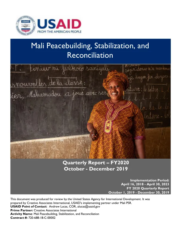 Mali Peacebuilding, Stabilization, and Reconciliation Quarterly Report Q1 FY2020