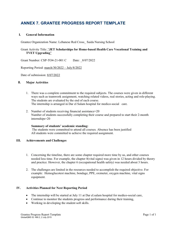 Grantee Progress Report Template: JET Scholarships for Home-based Health Care Vocational Training and TVET Upgrading