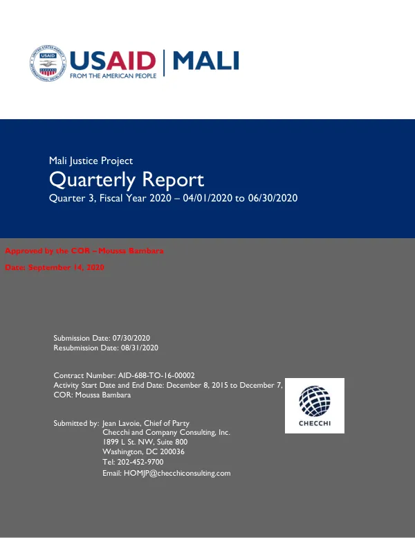 Mali Justice Project Quarterly Report Quarter 3, Fiscal Year 2020 – 04/01/2020 to 06/30/2020