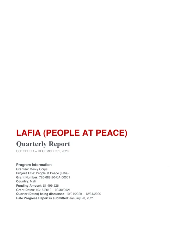 Lafia: Quarterly Report, Oct-Dec. 2020