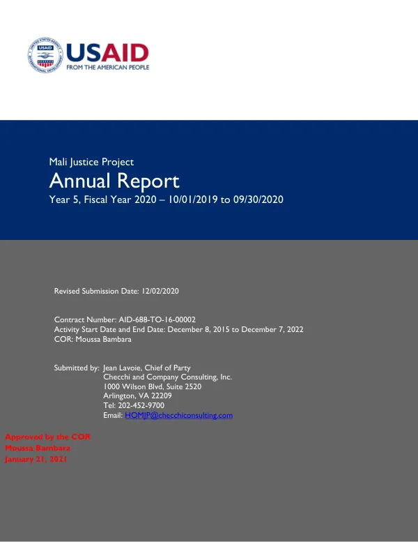 Mali Justice Project Annual Report Year 5, Fiscal Year 2020 – 10/01/2019 to 09/30/2020